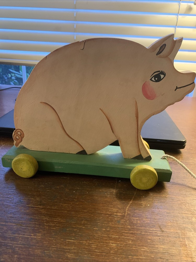 Vintage Wooden Pig Pull Toy