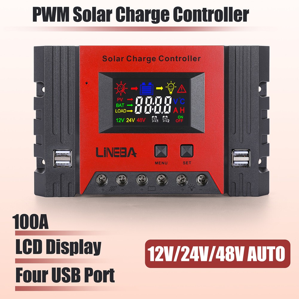 100A Solar Panel Battery Charge Controller 12V/24V/48V LCD Regulator Auto 4 USB