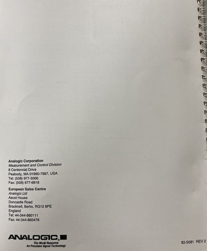 Analogic Model 2030 Multifunction Waveform Synthesizer User's Manual