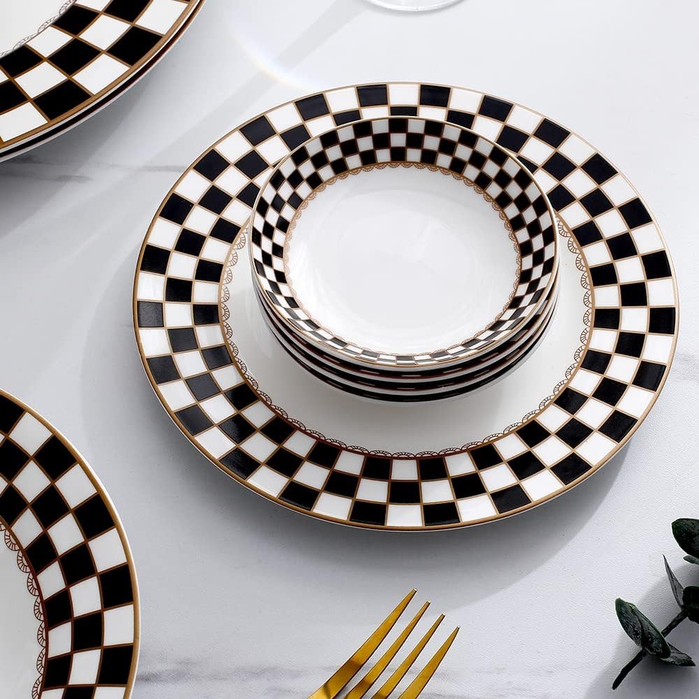 Porlien Checker Pattern 20-piece Round Dinnerware Set for 4, Black/White