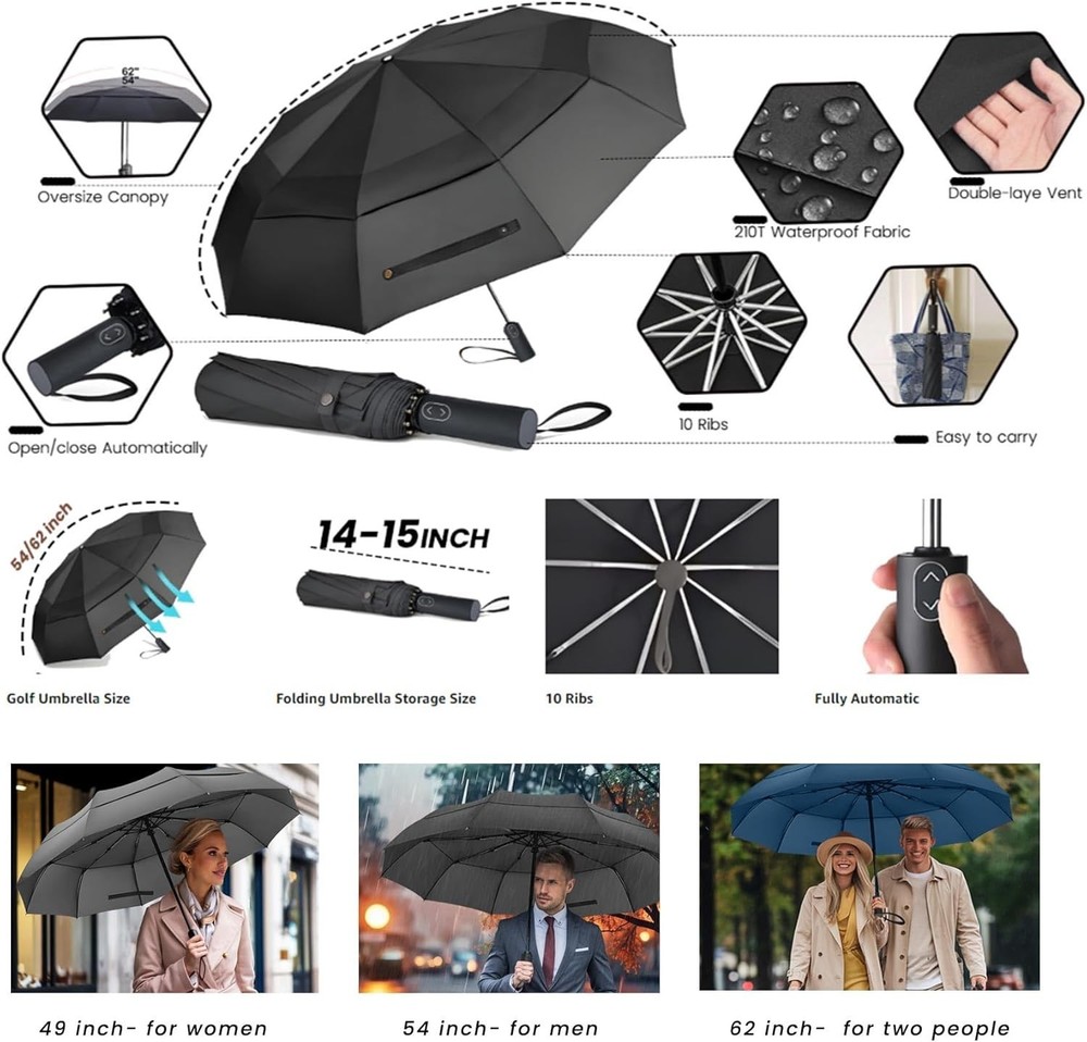 Large Folding Golf Umbrella Oversize Double Canopy Vented 10 Ribs practical