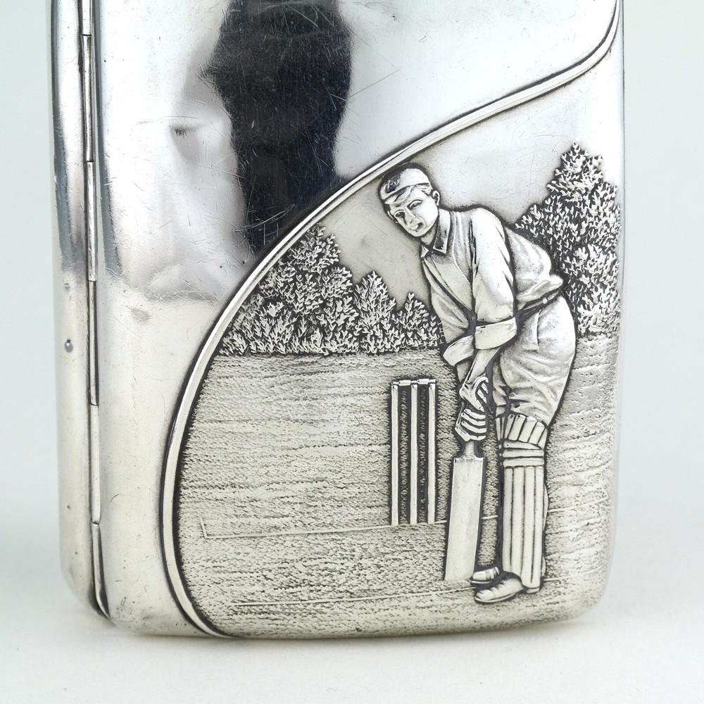 Rare Edwardian Novelty Solid Sterling Silver Cigarette Case Cricket. 1910.