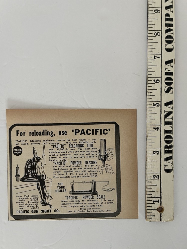 Vintage 1950 Print Ad Pacific Gun Sight Co. Pacific Reloading Tools Ad Only