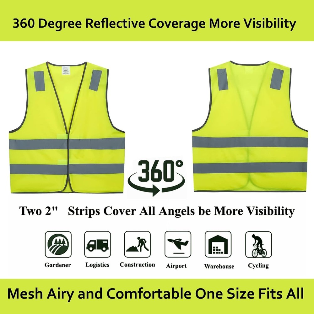 Safety Vests 10 Pack - Yellow Reflective High Visibility Construction ANSI Cl...
