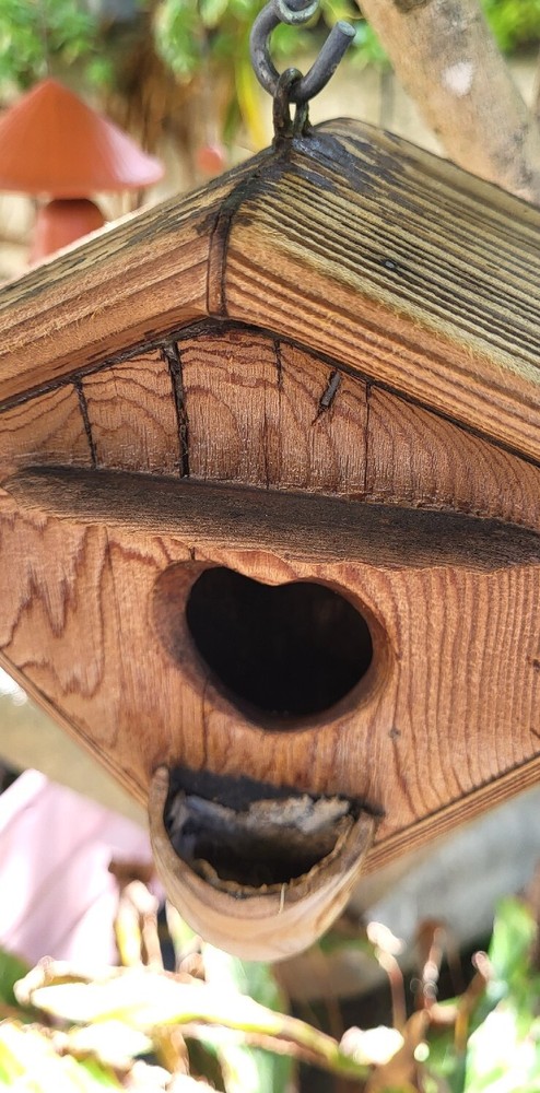 Vintage Triangular Hanging Birdhouse In Solid Oak, Heart Shaped Entry, Good Cond