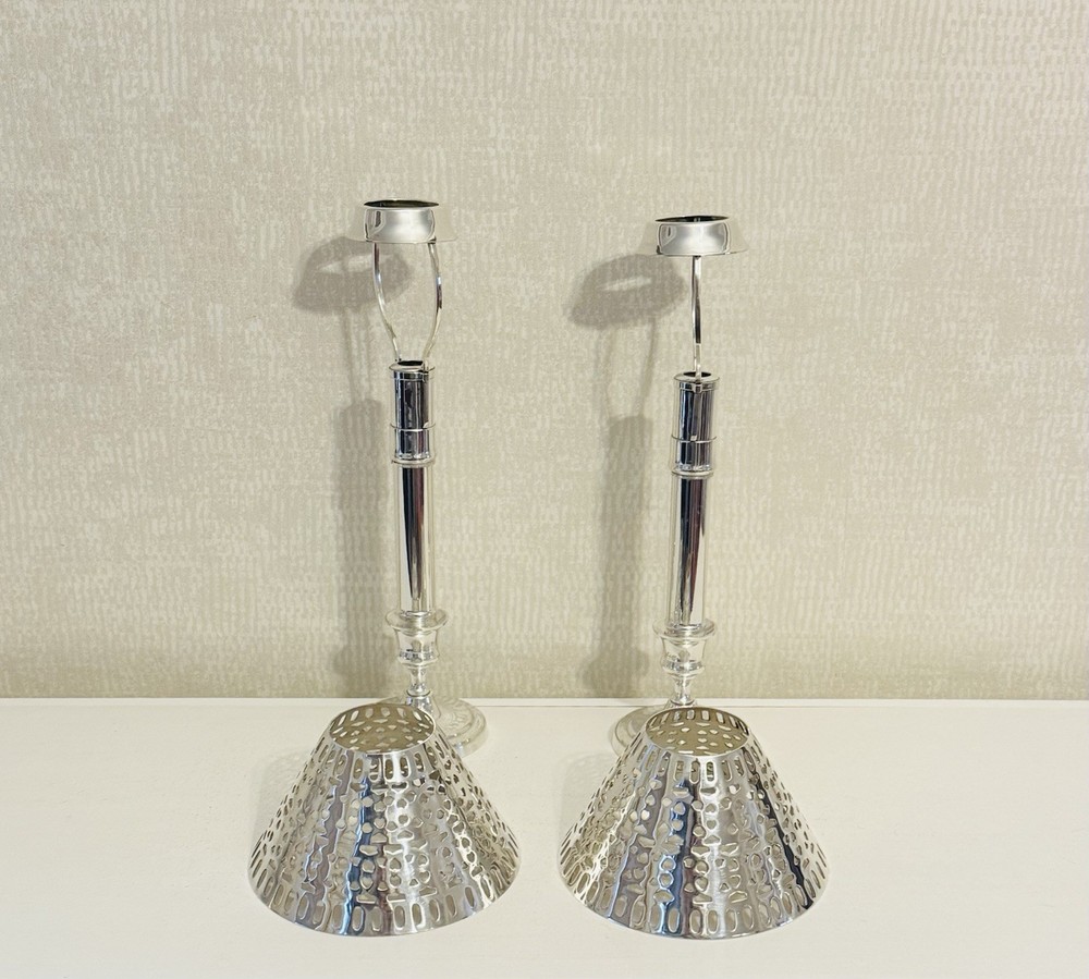 Vintage 2 Silverplate Springloaded Candlestick Holders With Silverplate Shades