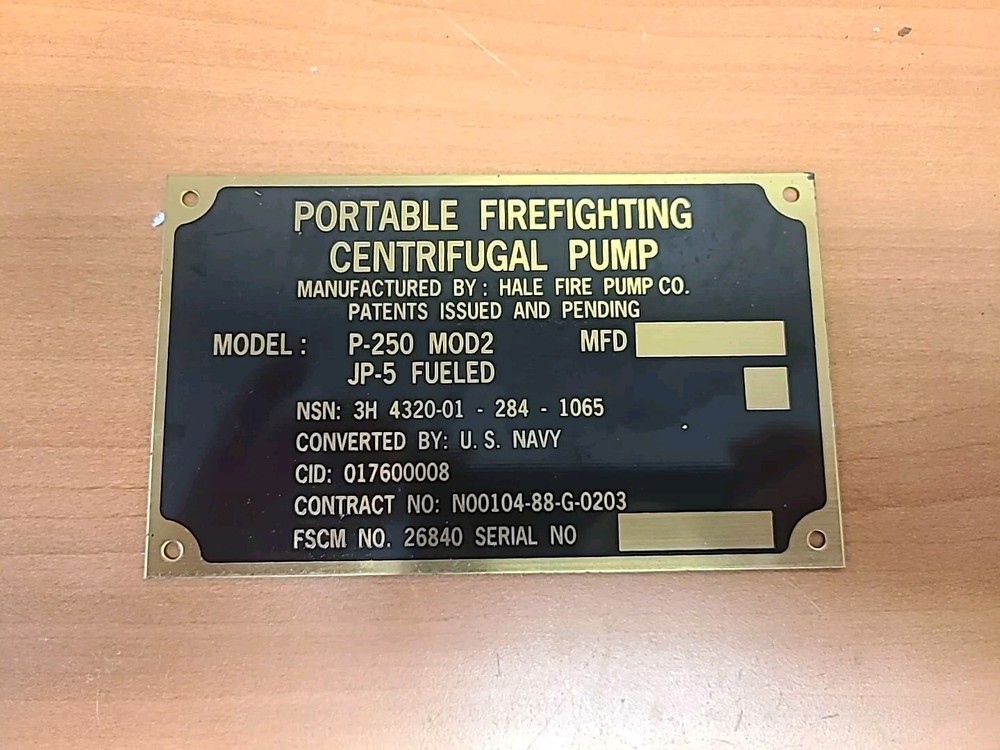 Portable Firefighting Centrifugal Pump Data Plate US NAVY 5 X 3