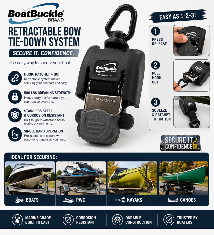 BoatBuckle Retractable Bow Tie Down System 500lb Marine Boat Trailer Strap