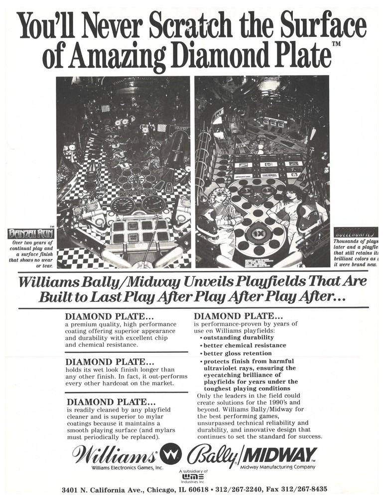 Diamond Plate Williams Pinball Flyer / Brochure/ Ad