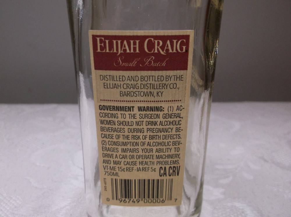 Elijah Craig Small Batch 94 Bourbon Whiskey Bottle - Empty 750 ml Wood Stopper