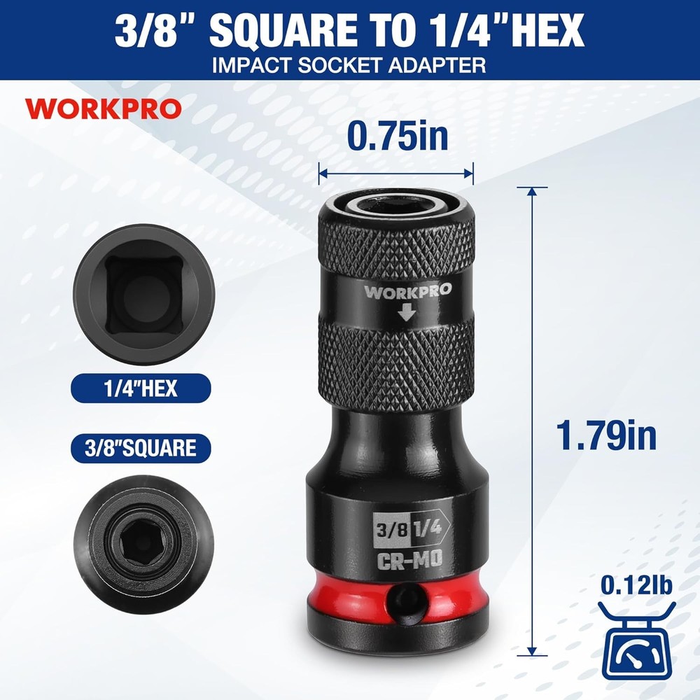 WORKPRO 3/8" Square to 1/4-in Hex Quick Release Impact Socket Adapter Bit Holder