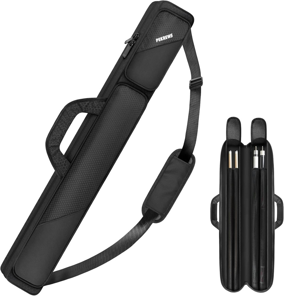 2x2 Pool Cue Case holds 2 cues, 2 zipper pockets, polyester bag w/ strap