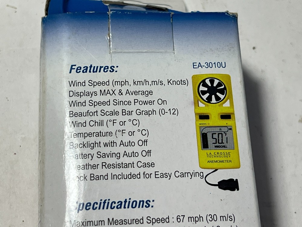 La Crosse Technology Anemometer with LCD Display Handheld EA-3010U EUC