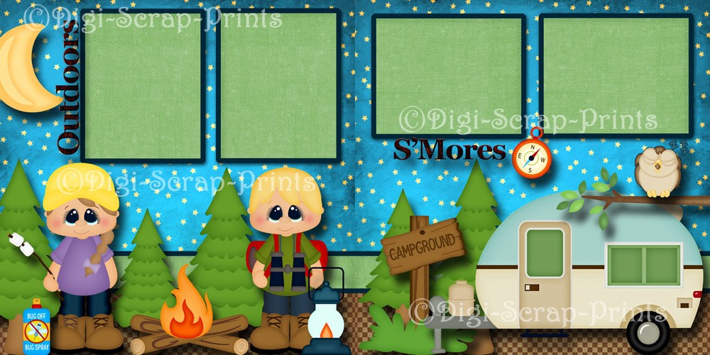 OUTDOORS CAMPING 2 premade scrapbook pages paper piecing layout DIGISCRAP #A0128