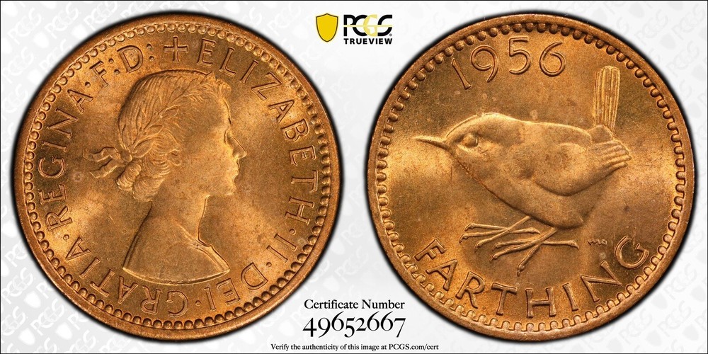1956 GREAT BRITAIN FARTHING PCGS MS64RD Sharp Looking Coin! - True View!