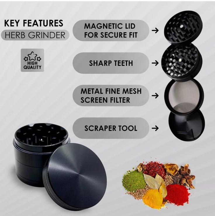 Herb Grinder 2.5" - 4 Layers Spice Grinder, Multipurpose Crusher, Black