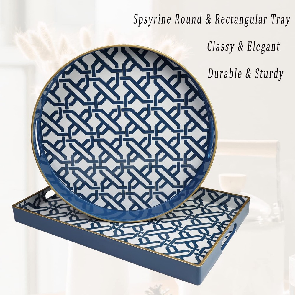 White Marbling Serving Tray with Handles 15.6"x10.2" Rectangular Decorative