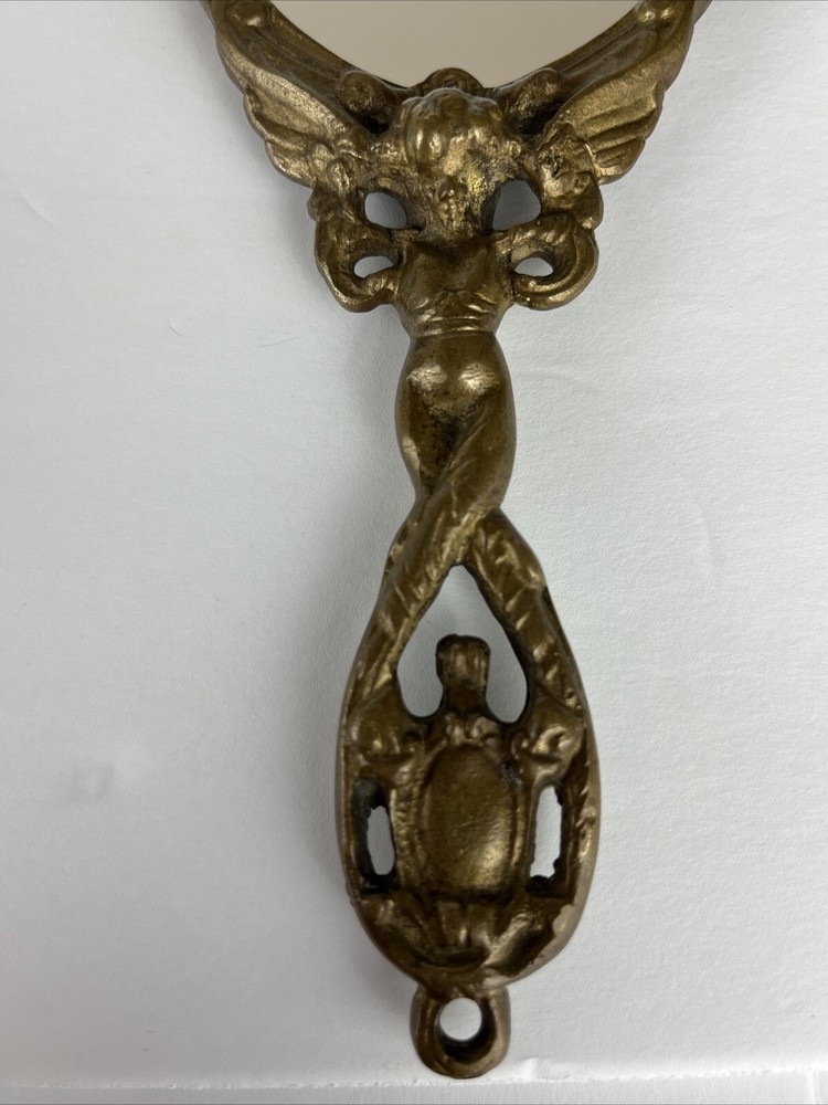 Antique Victorian Solid Brass Handheld Mirror With Cherubs