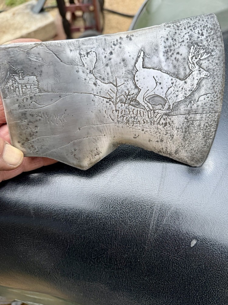 Vintage Jersey Pattern Single Bit Axe With A Deer Scenery Etched On Both Sides