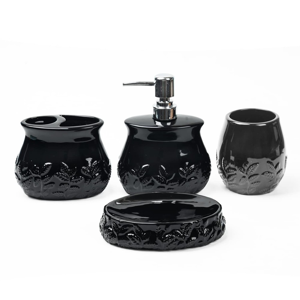 Ceramic Embossed Leaves Bathroom Accessories Set, 4 Piece Bathroom Ensemble S...