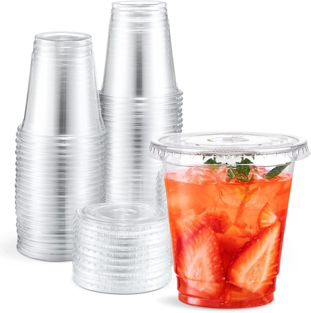 Plastic Cups with Lids 100 Sets Clear Disposable Plastic Party Cups