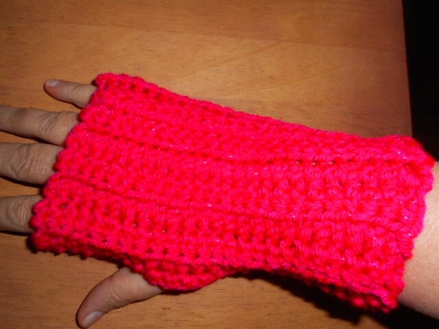 Red crocheted fingerless gloves