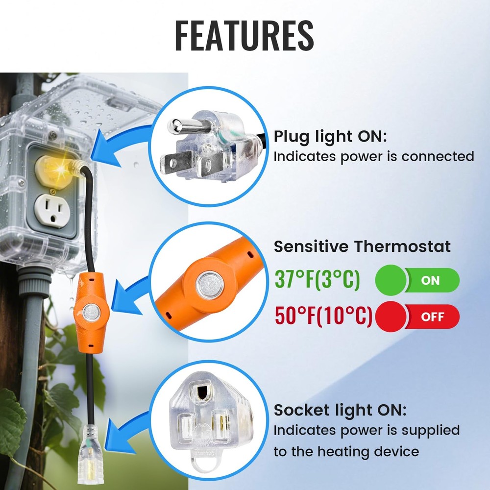 1PC 120V 15A Temperature Controlled Extension Cord, Heat Cable Controller, Th...