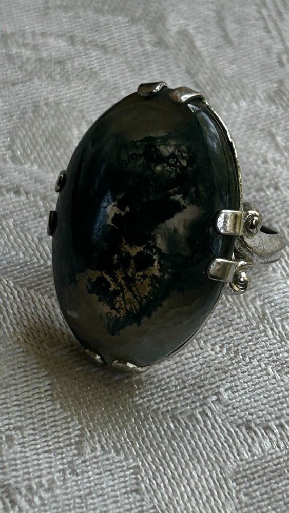925 Sterling Silver Statement Moss Agate Ring Size 4.75 6.3 Grams