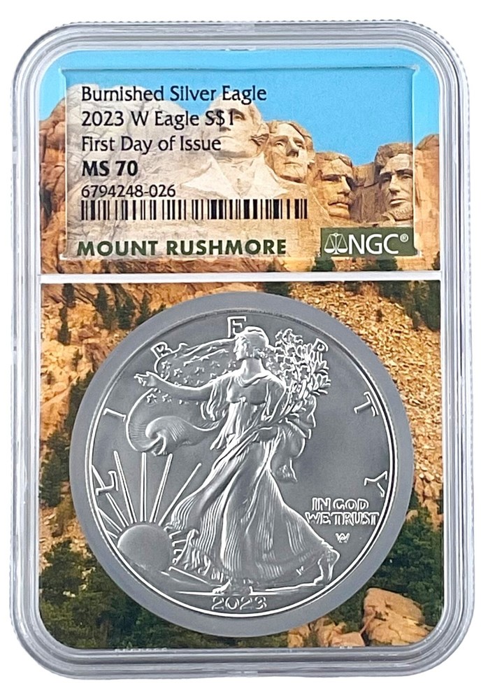 2023 W Burnished Silver Eagle NGC MS70 - First Day Issue  Rushmore Core POP 100