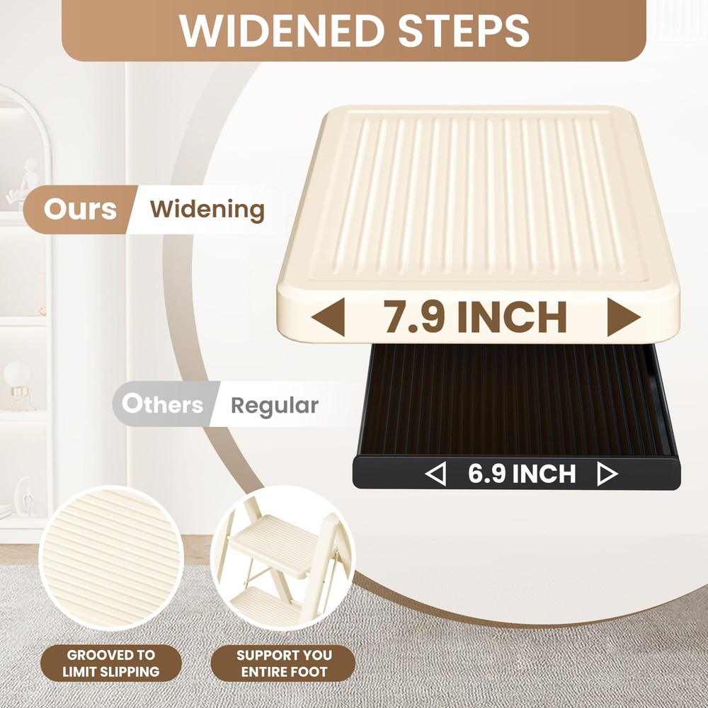 GameGem 2 Step Ladder Folding Stool with Wide 2 STEP, Cream White
