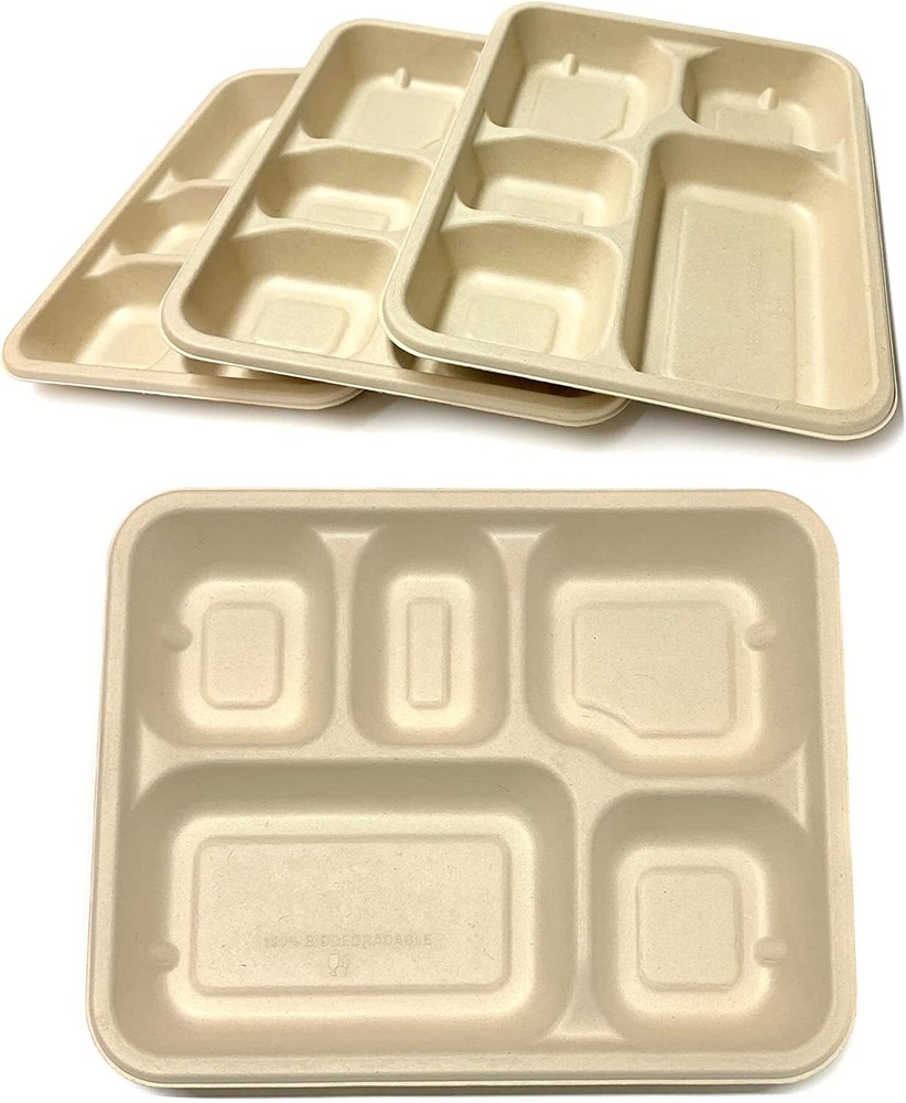 5 Compartments Bagasse  Rectangular Tray Compostable Biodegradable With Lids