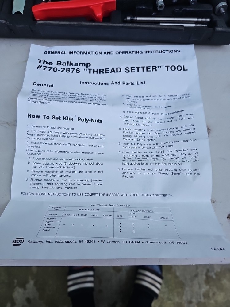 Balkamp Thread Setter Kit with Klik Poly-Nuts Model 770-2876