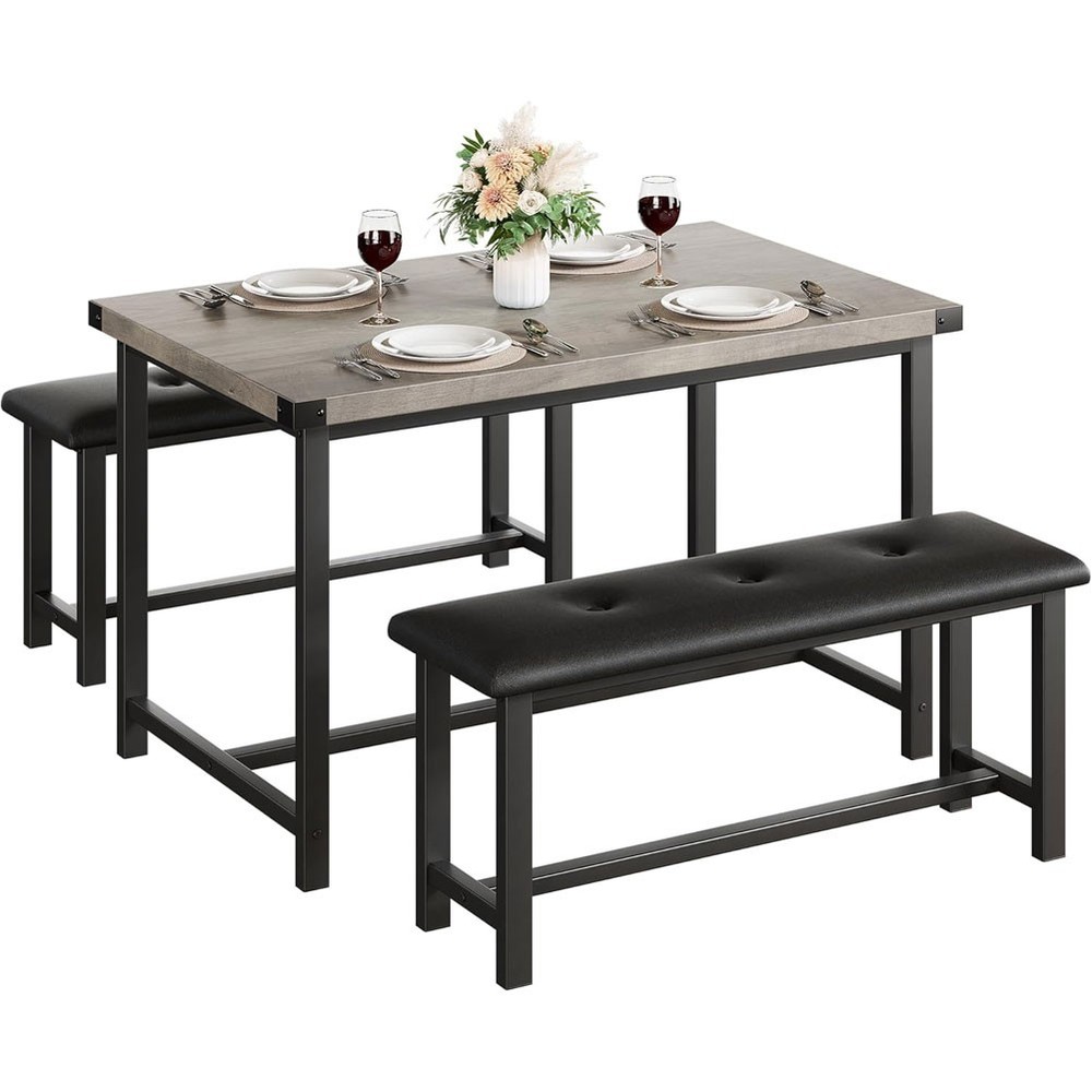 Black Dining Set Kitchen Room Table Set Dining Table and 2 Leather Benches Grey