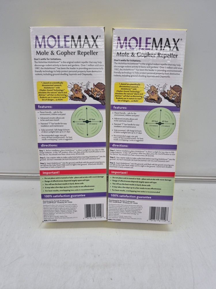 (2) Molemax Mole & Gopher Repeller Sonic Spike Bonier Solar Powered Day & Night