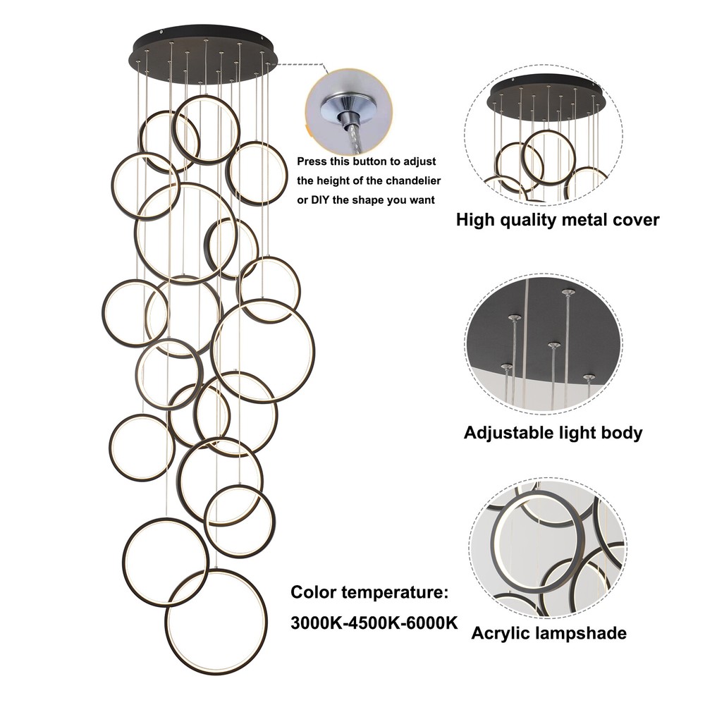 Modern Led Chandelier Lighting,Dimmable with Remote Control 18 Rings,Adjtable