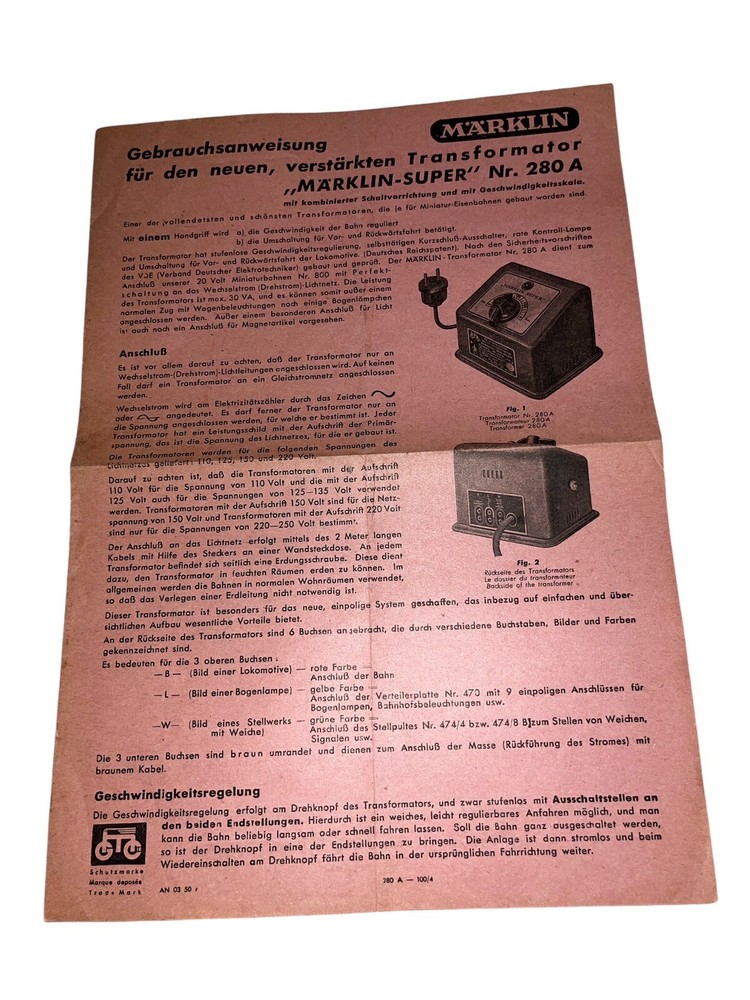 Vintage Marklin Transformator Leaflet 280-A Trains