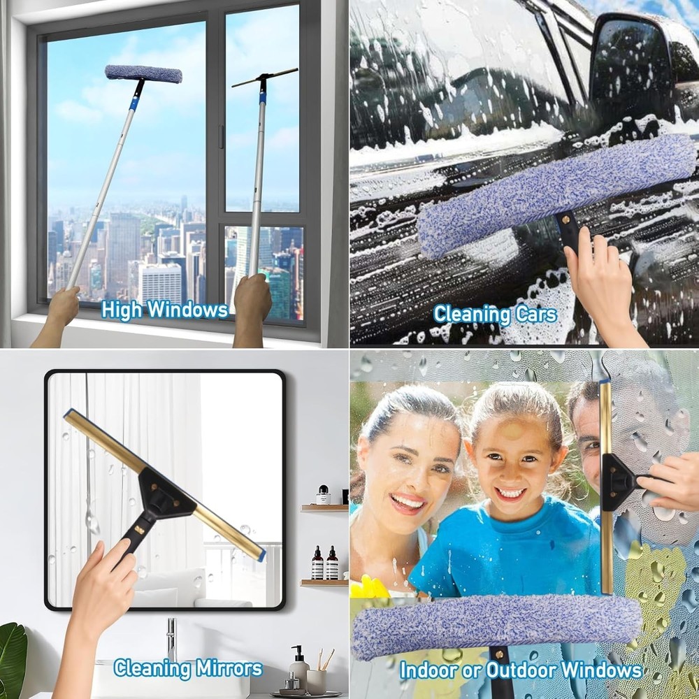 Effortless Clean Squeegee Kit with Adjustable Pole & Microfiber Cloths Inside