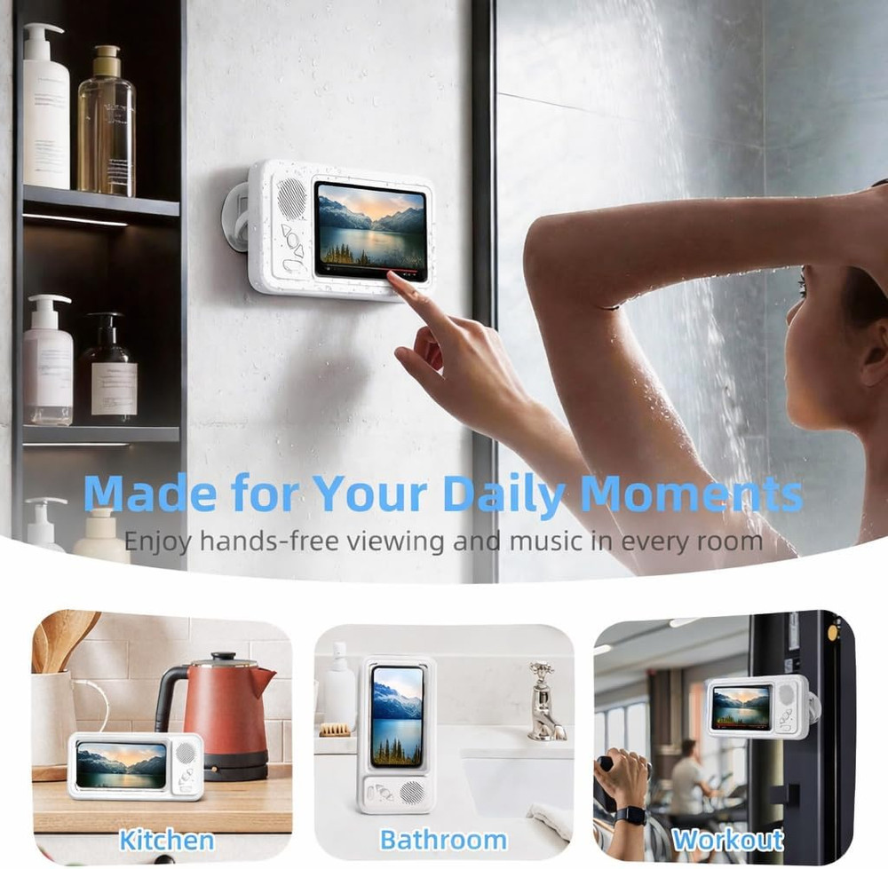 Waterproof Shower Phone Holder with Bluetooth Speaker and Touchscreen Case