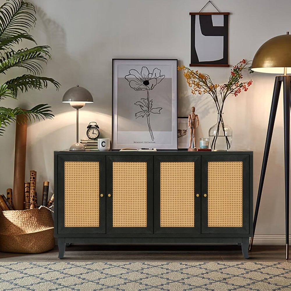 AMNOOL Rattan Accent Sideboard Storage Cabinet Console Table w/4 Doors Dark Gray