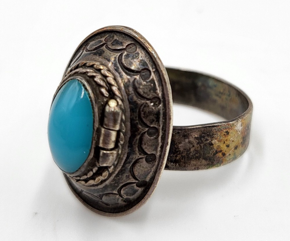 TURQUOISE SNUFF RING MADE IN MEXICO STERLING? SIGNED ARCO SOMETHING