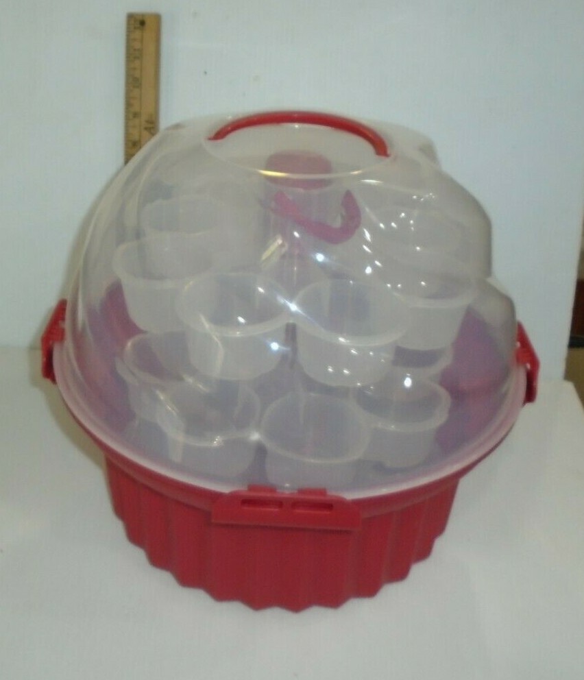 Red Cupcake Shaped Cupcake Carrier 3 Stackable Tiers Holds 24