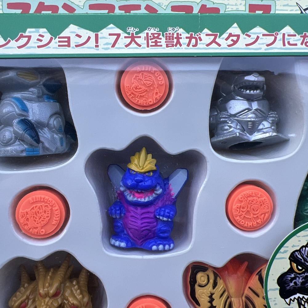 c1994 Bandai Godzilla finger Stamp set 7 Sofubi Mini Figures NOS MIB 2” h