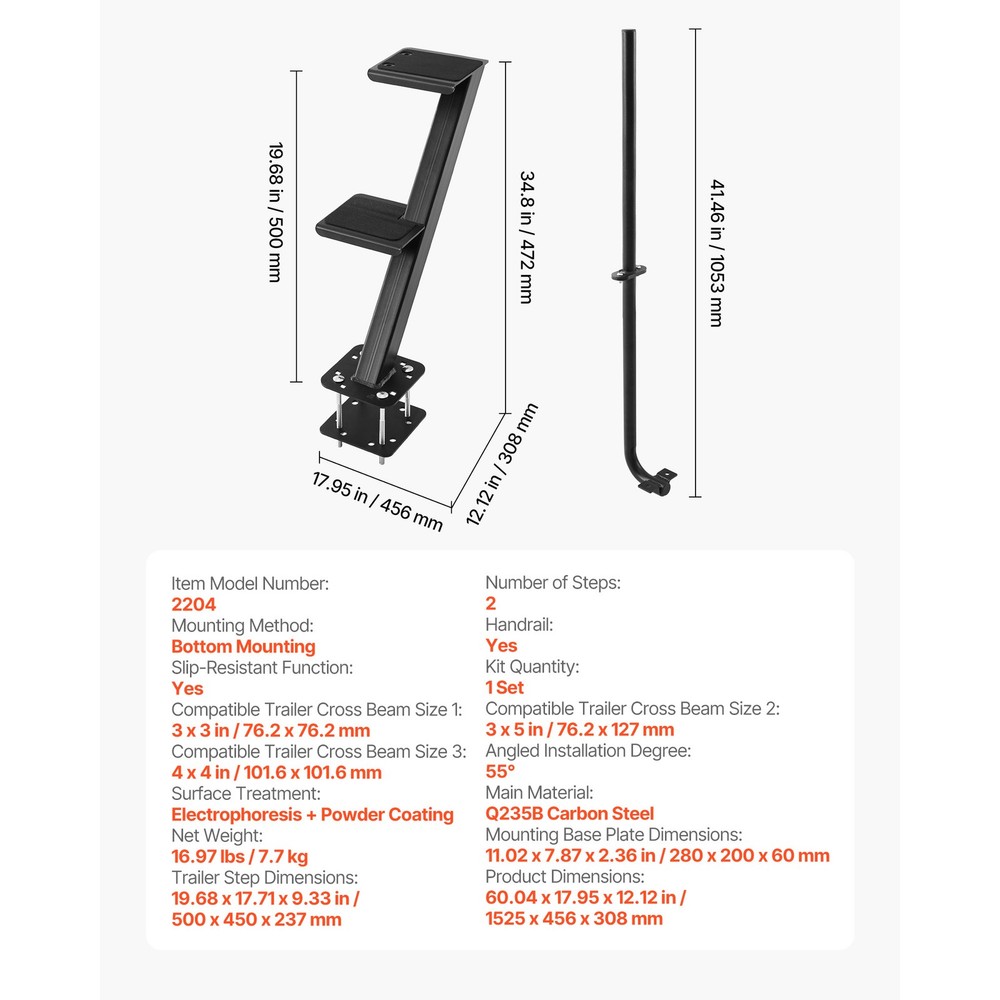 Uimoso Durable Boat Trailer Steps with Handle - 2-Step Bottom Mount Design