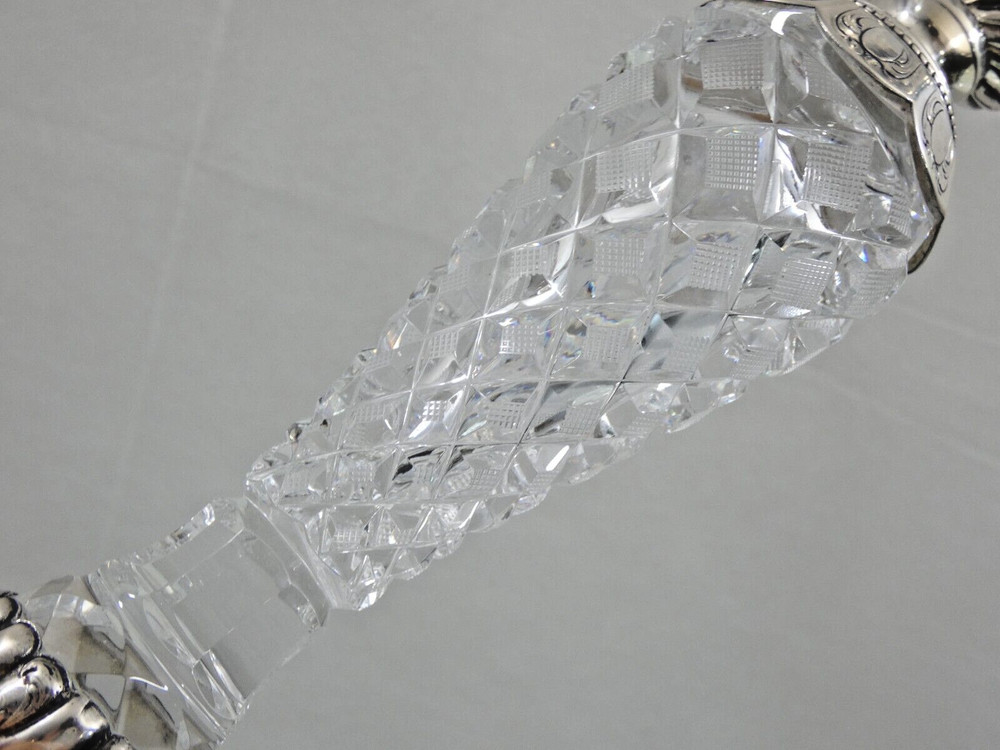 GORGEOUS ANTIQUE SILVER / CUT CRYSTAL PAIR CANDLESTICKS FINE QUALITY sterling