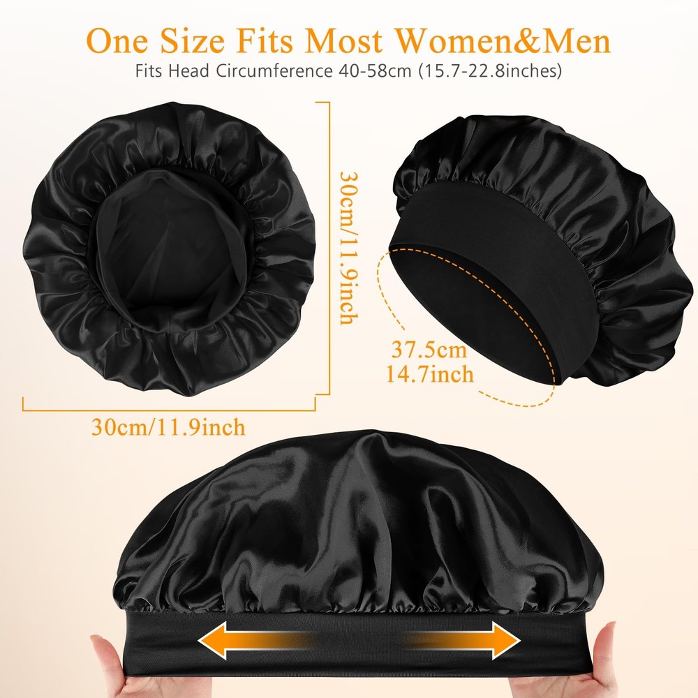 2Pcs Silk Bonnet for Sleeping, Adjustable Double Layer Hair Large, Black+blue