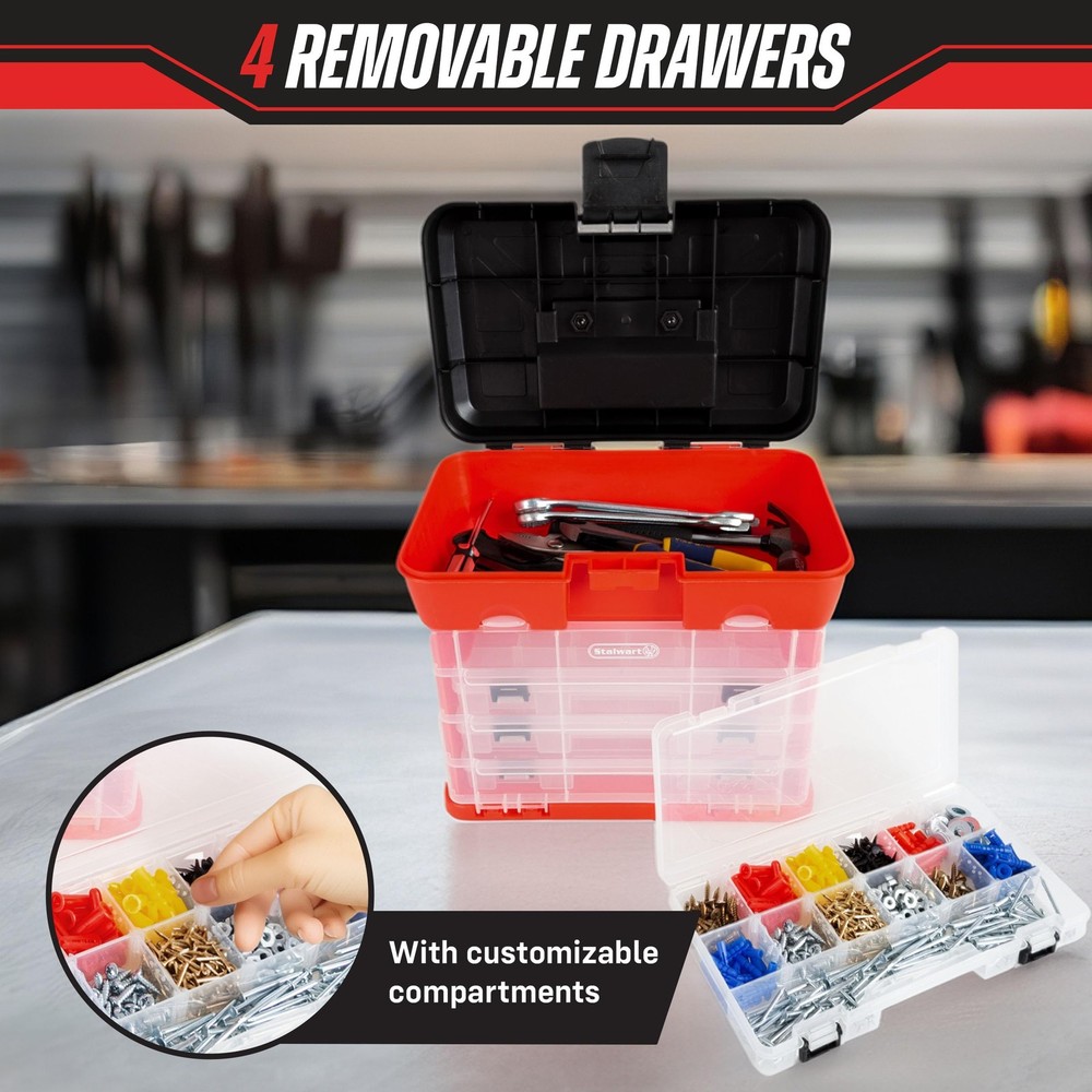 Portable Tool Storage Box - Small Parts Organizer with 4 Multi-Compartment Tr...