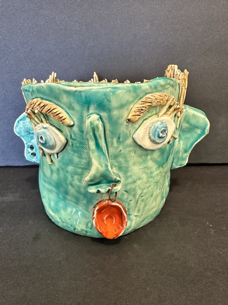 Art pottery planter whimsical face signed Sheila