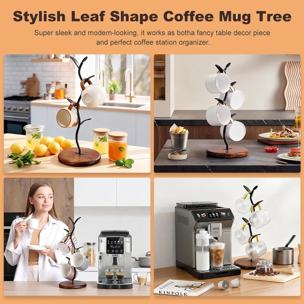 Mug Tree Holder, Bronze Metal Leaf Branch & Solid Wood Base Mug Holders, Coun...