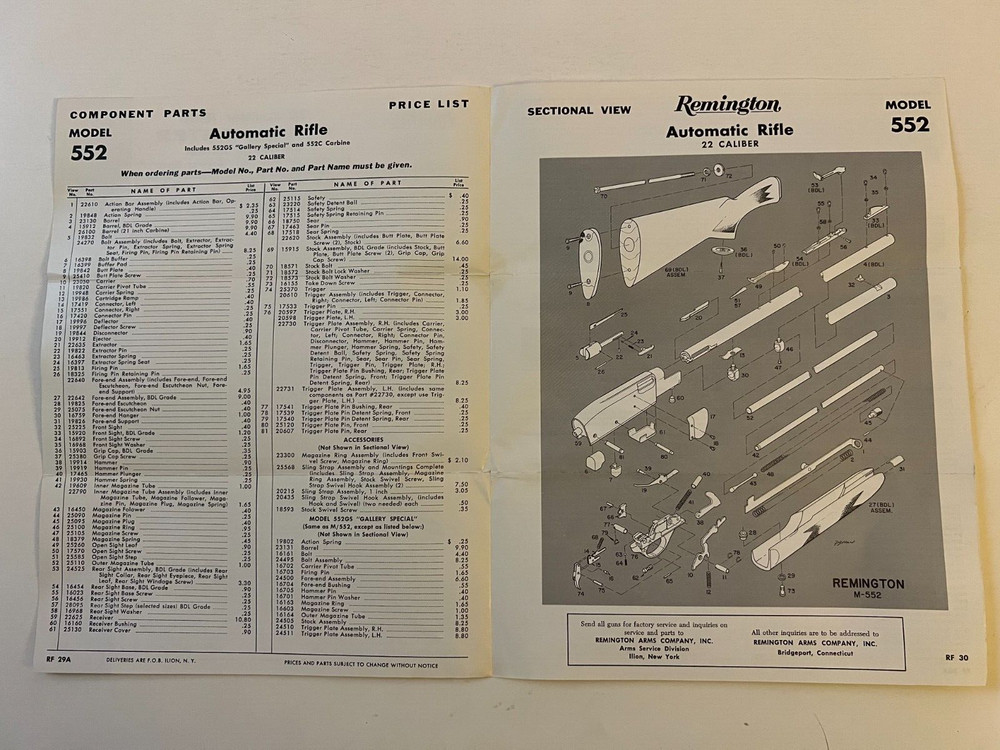REMINGTON 22 Cal Rifle SPEEDMASTER Model 552 Instruction Folder