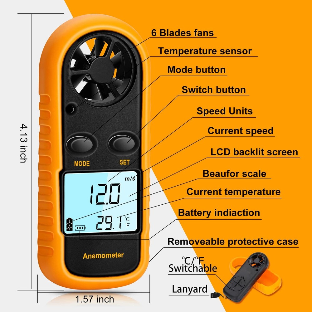 Anemometer Handheld, Light Weight Digital Wind Speed Meter, Wind Speed Temper...